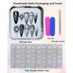 Luxury Handmade Press on Nails Black White Almond Tip Stiletto 3D Chrome Cyber Goth Glossy Long Silvery Fake Nails Rhinestones Reusable Acrylic Nail Tips for Women 10pcs (A70, L)