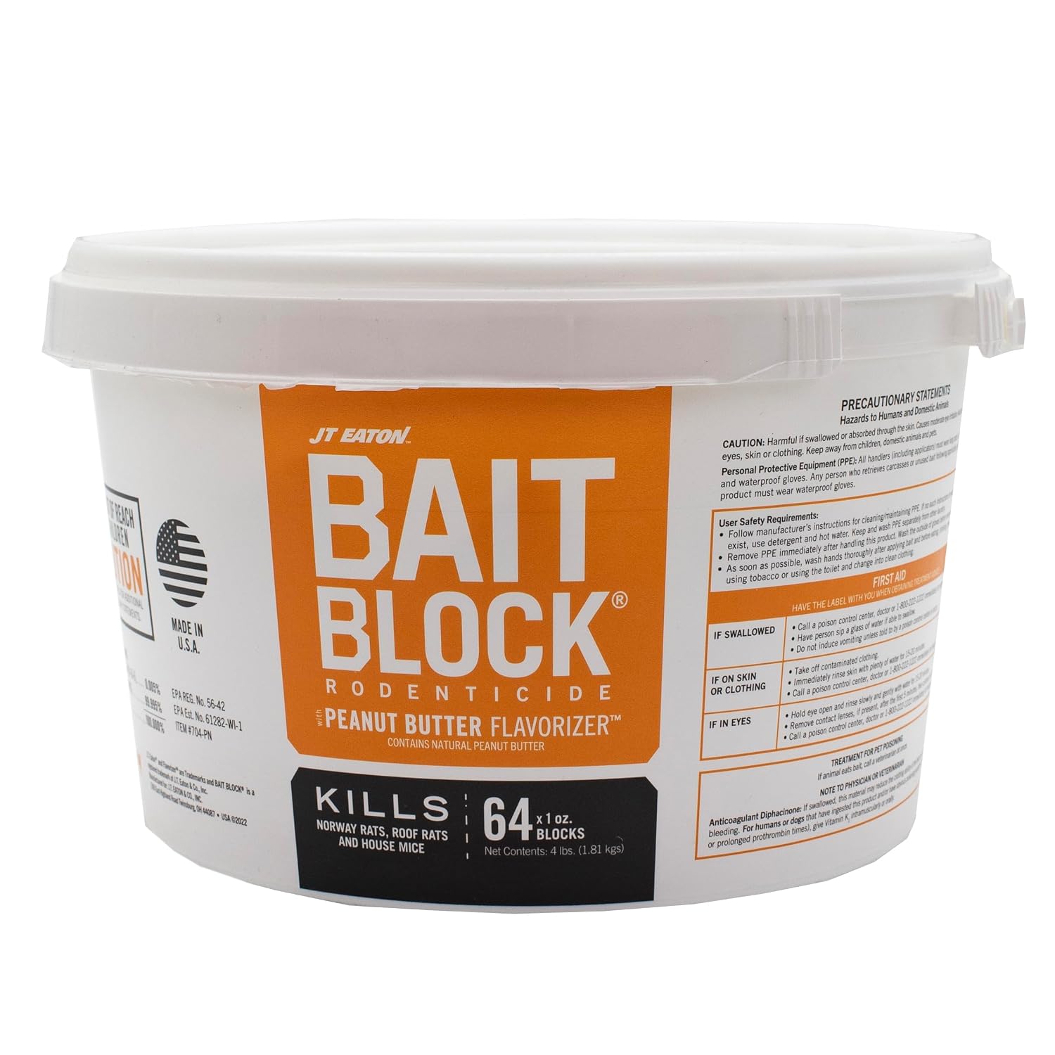 J.T. Eaton 704-Pn Bait Block, Solid, 1 Oz, Pail | 1 Oz Anticoagulant Bait Blocks; Peanut Butter Flavor; For Use In Tamper-Resistant Bait Stations; 4 Lb Pail