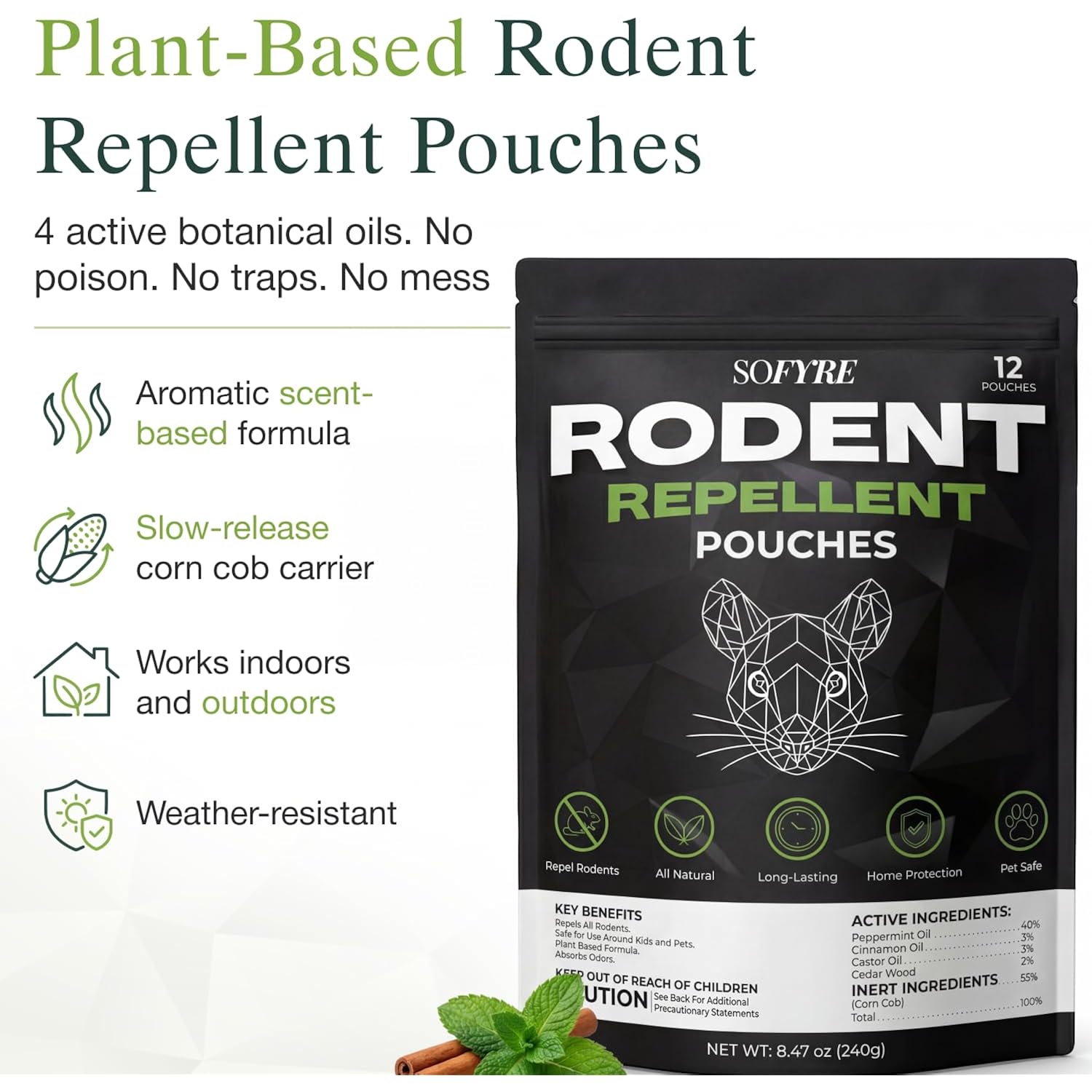 Sofyre Rodent Repellent Pouches 12-Pack Mouse Repellent For Home Rv Garage Car Basement, Mice Indoor & Outdoor Deterrent, Peppermint Cinnamon Cedarwood Rat Repellent, Plant-Based Natural Pest Control