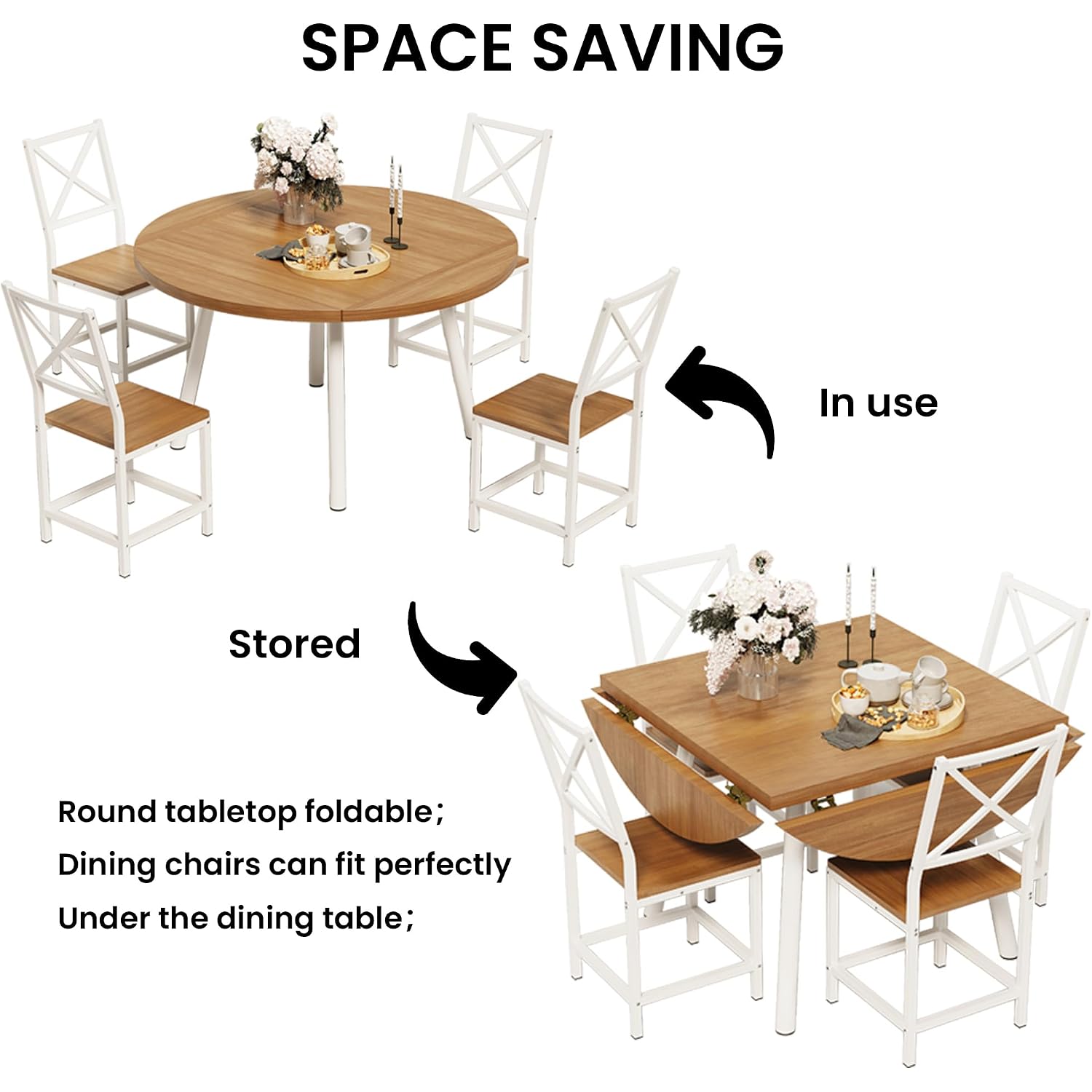 Ironck Round Dining Table Set For 4, Extendable Kitchen Table With 4 Chairs, 44.5" Drop Leaf Desk, Folding For Small Space, Apartment, Natural Wood