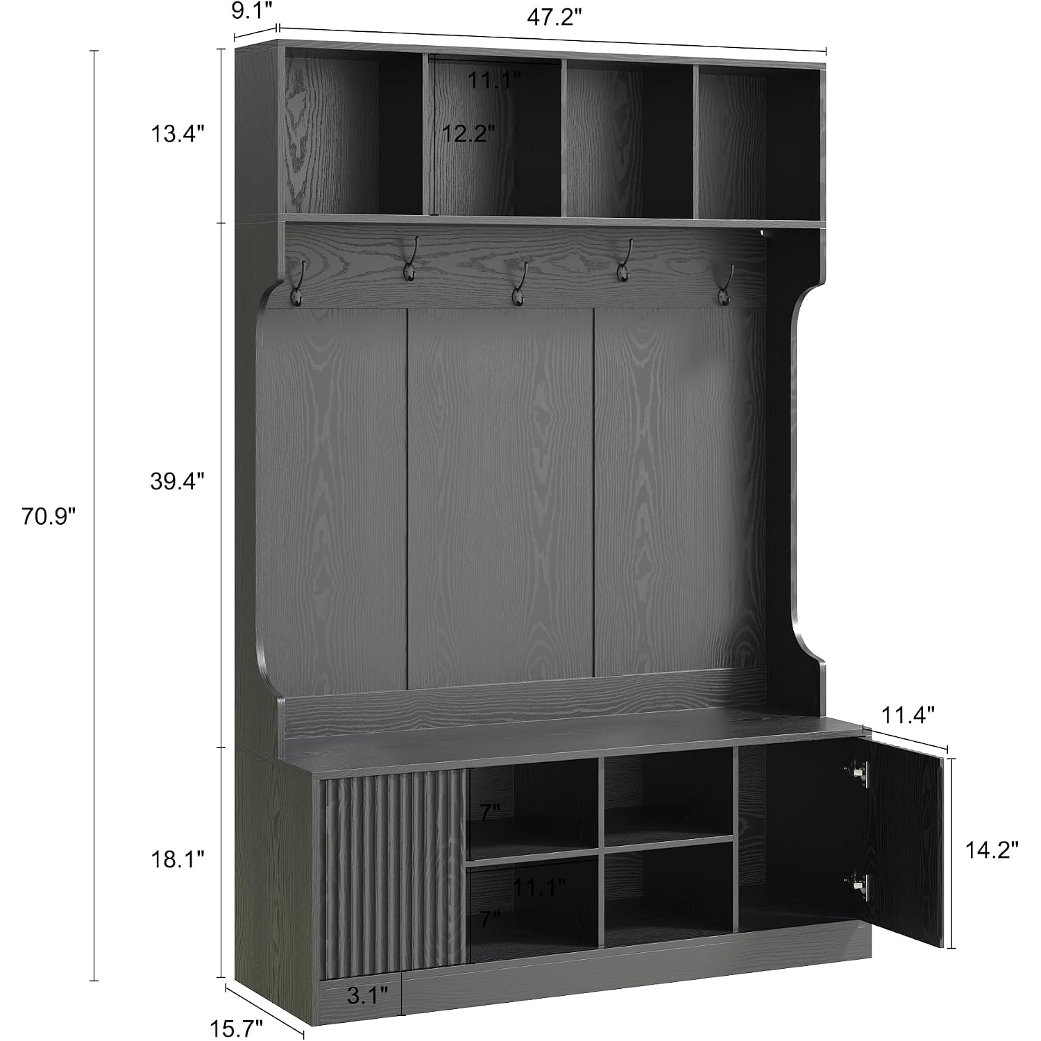 Hall Tree With Bench And Shoe Storage, 5-In-1 Entryway Coat Rack With Led Sensor Light, Hooks And Storage Cubes, Shoe Cabinet With Fluted Door, Modern Hall Tree For Entryway, Living Room