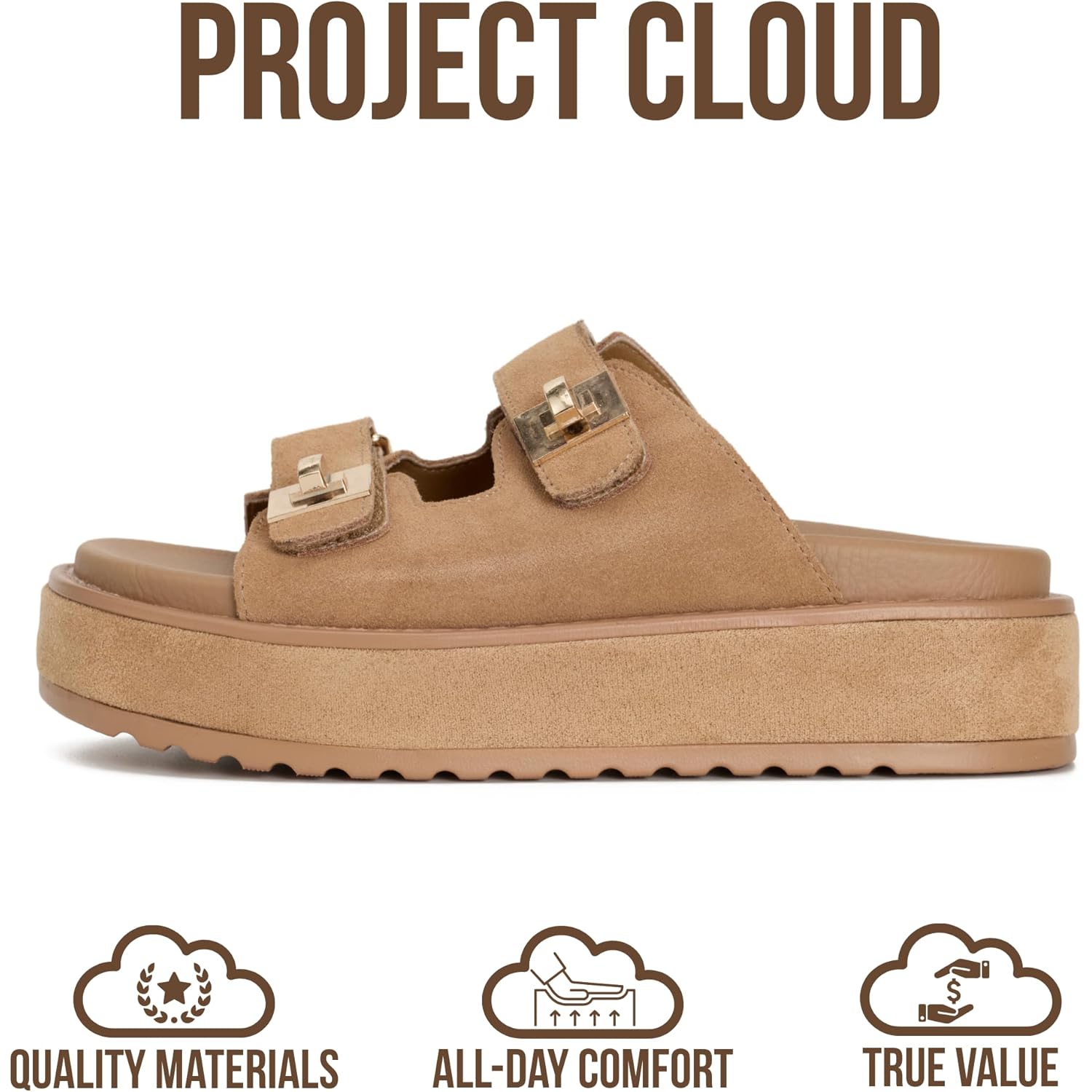 Project Cloud Platform Sandals Women - Memory Foam Insole Slides Women with Adjustable Buckle - Non Slip and Lightweight Womens Sandals 2026 (Havana)