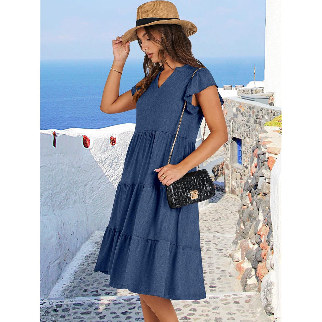 Anrabess Womens Summer Dress Ruffle Sleeve V Neck Midi Dresses Fashion Casual Fit Flowy Tiered Boho Beach Vacation Sundress