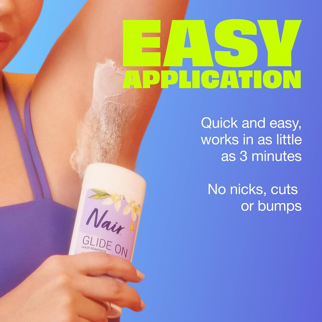Nair Glide On Hair Removal Cream, Arm, Leg, and Bikini Hair Remover, Depilatory Cream, 3.3 Oz Stick