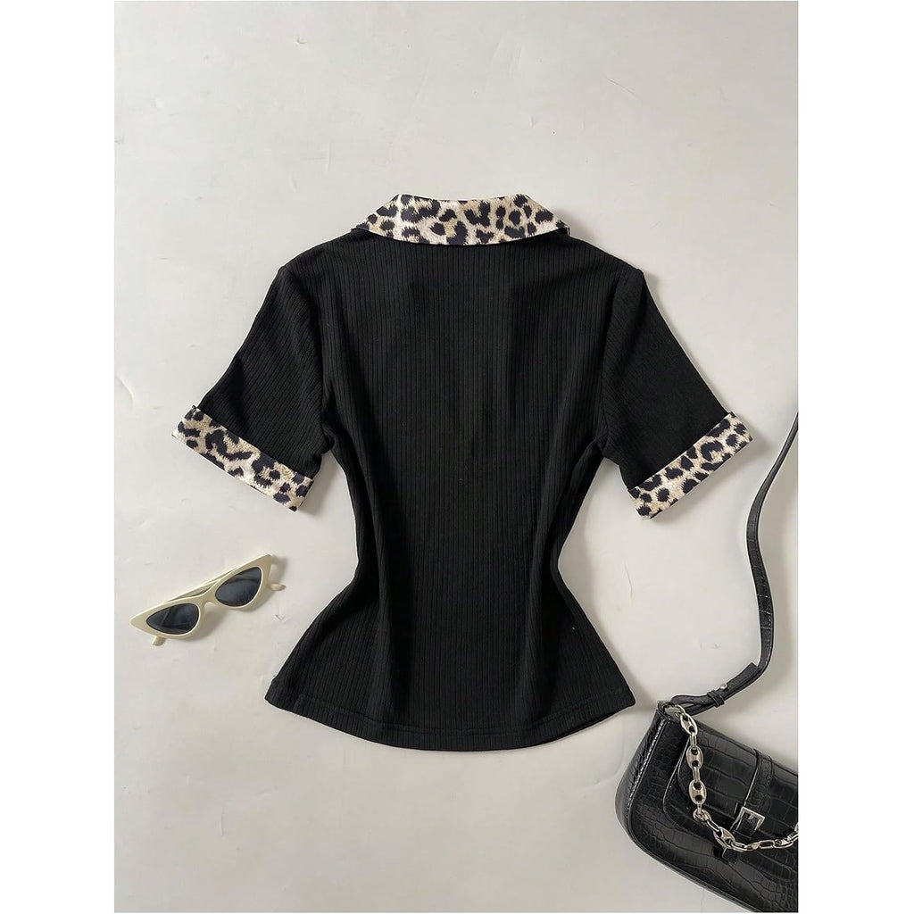 Soly Hux Women'S Leopard T Shirt Collared V Neck Short Sleeve Ribbed Knit Tee Fitted Summer Casual Tops