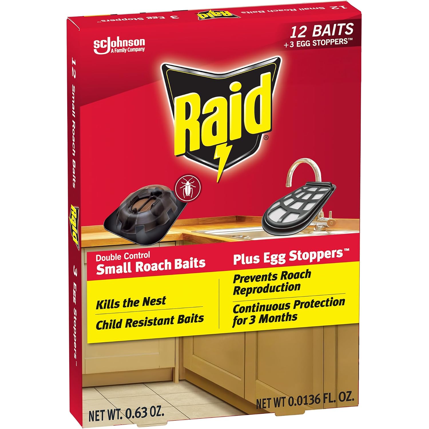 Raid Double Control Small Roach Baits, Plus Egg Stoppers, Child Resistant, For Indoor Use, Kills Roaches For 3 Months, 12 Count