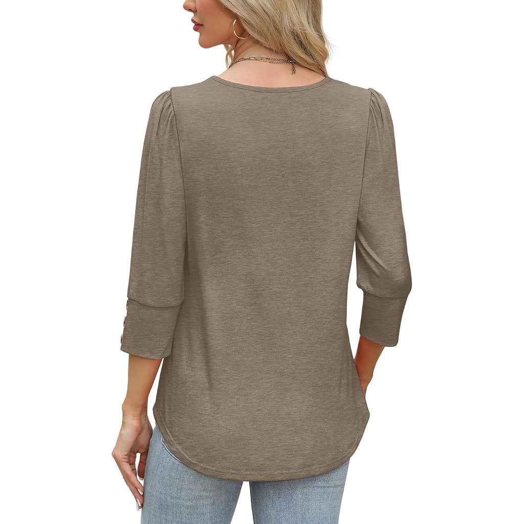Ofeefan Womens Tops 3/4 Sleeve With Buttons Dressy Casual Blouses Summer Outfits Beach Vacation Plus Size Spring Clothes