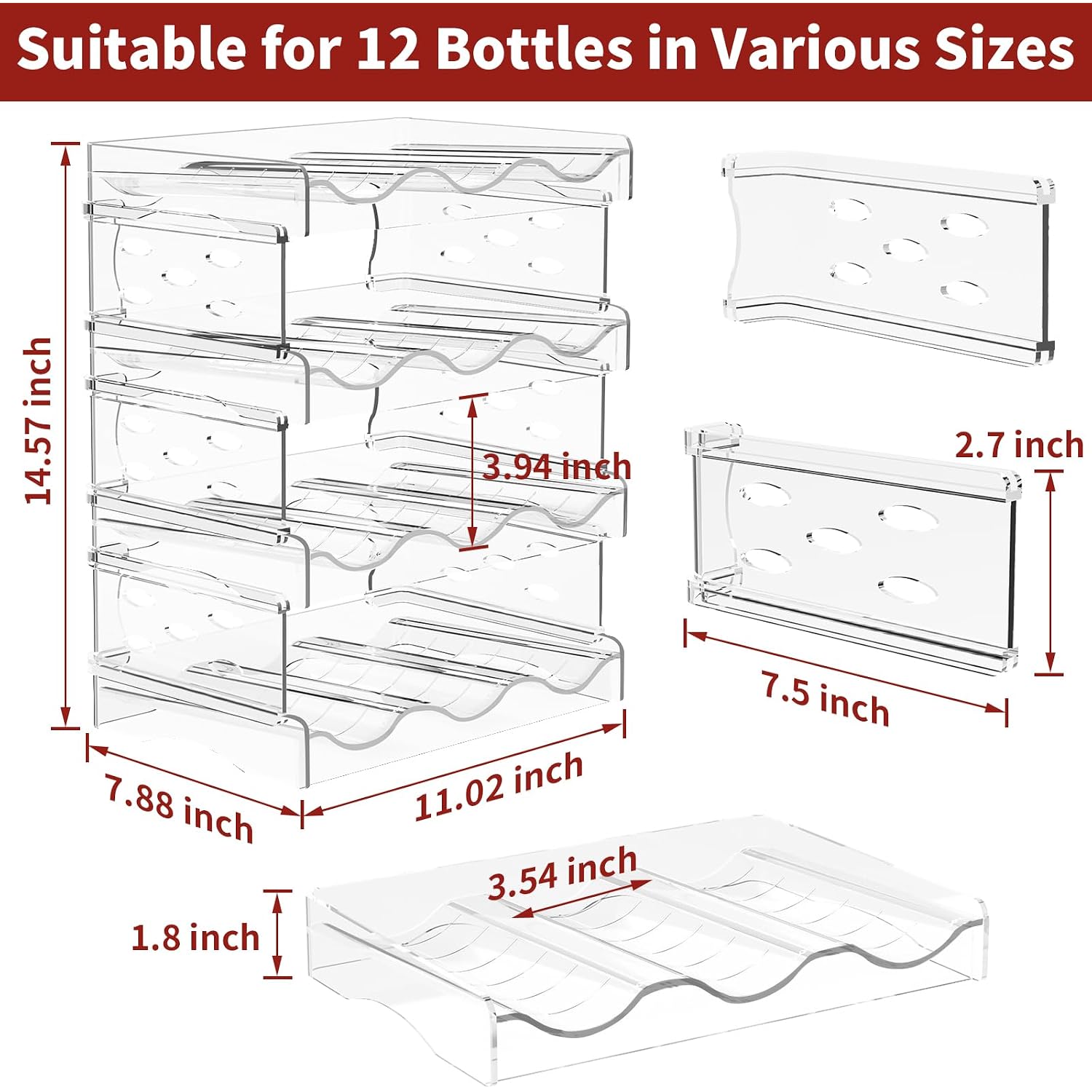 Ez Cozy Wine Rack, 4 Tier Water Bottle Organizer For Cabinet (12 Bottles) | Clear Freestanding Wine Bottle Holder For Cabinet, Fridge, Pantry, Wine Rack For Inside Cabinet, Refrigerator, Countertop