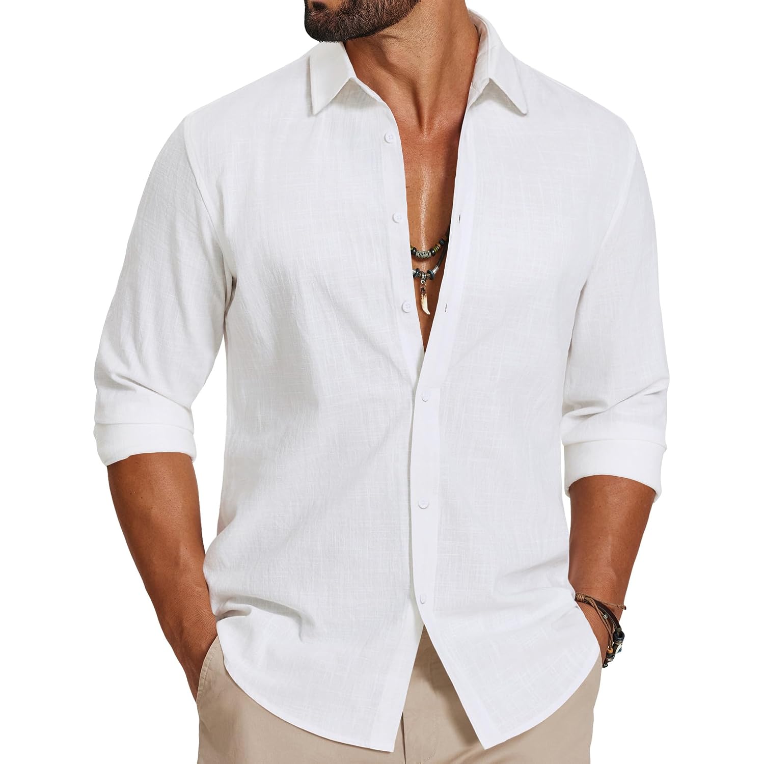 Coofandy Men'S Casual Button Down Shirts Long Sleeve Cotton Beach Wedding Shirt Summer Linen Shirt For Men