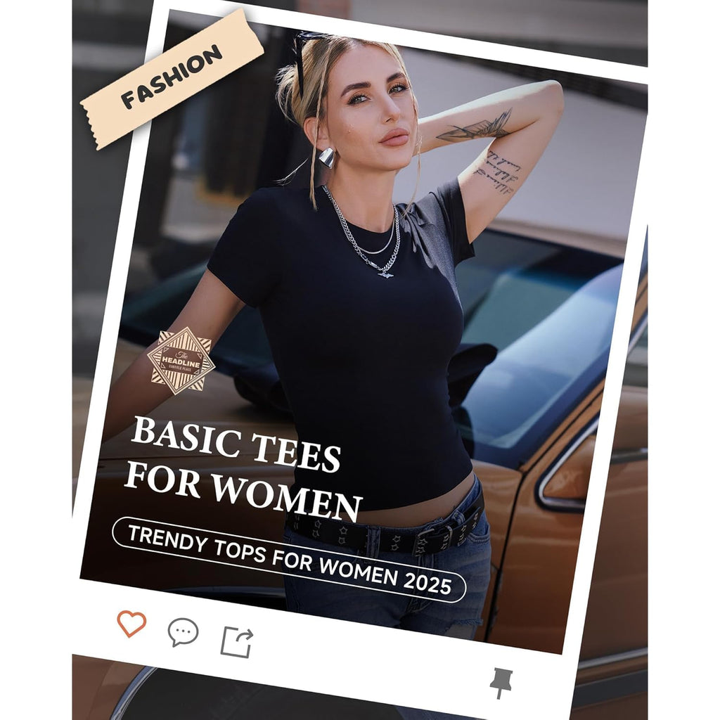 3 Pack Basic Tees for Women - Crew Neck Slim Fit Tight T Shirts Cute Y2K Trendy Crop Tops Clothes for Casual Summer