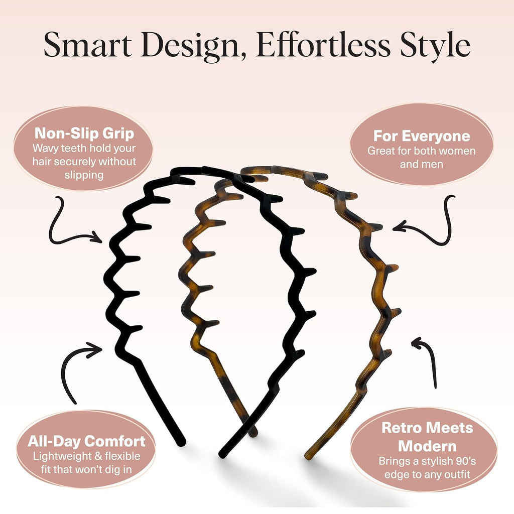 Kitsch Zig Zag Headbands For Women – Fashion Accessories For Slicked Back Styles - Comfortable Wavy Headbands | Comb Headband With Teeth - Black And Tortoise - 2 Pcs