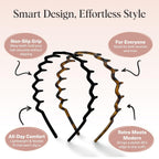 Kitsch Zig Zag Headbands For Women – Fashion Accessories For Slicked Back Styles - Comfortable Wavy Headbands | Comb Headband With Teeth - Black And Tortoise - 2 Pcs