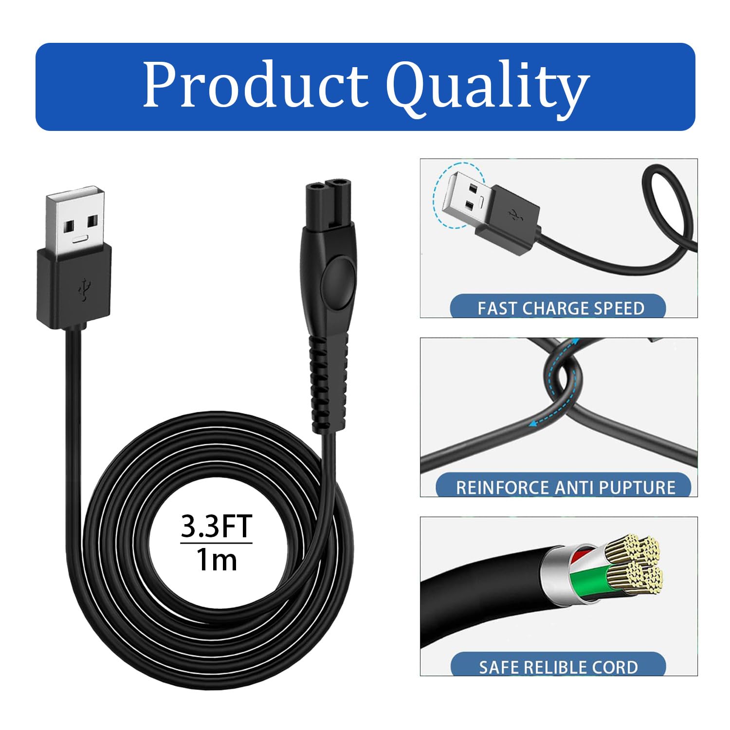 5V 1A Shaver Charger for Philips Norelco 2400 3600 3900 5400 7800 MG5910 MG7910 MG9510 MG9520 Trimmer, Power Cord 5V USB Charging Cable Replacement Philips 3000 5000 7000 9000 Series Razor (3.3FT)