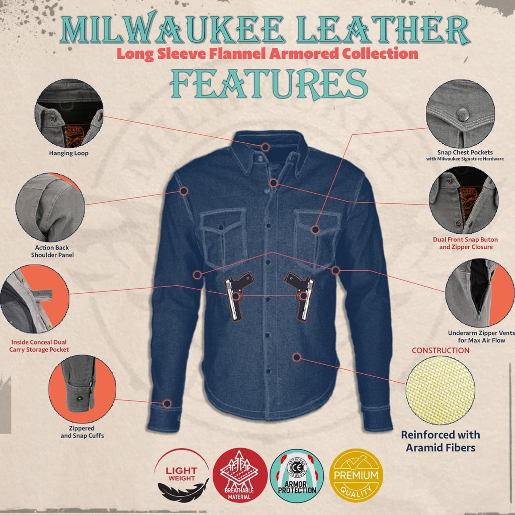 Milwaukee Leather Men'S Long Sleeve Solid Biker Shirts W/Ce Armor - Reinforced W/Aramid Fibers