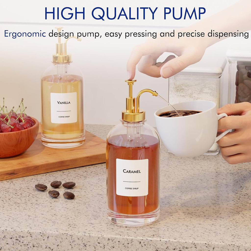 16.9 Oz (500 Ml) Coffee Syrup Dispenser Set- 4 Glass Bottles With Gold Pumper And Syrup Labels - Precise Dispensing And Stylish Addition To Coffee Shop, Cafe Or Home Bar