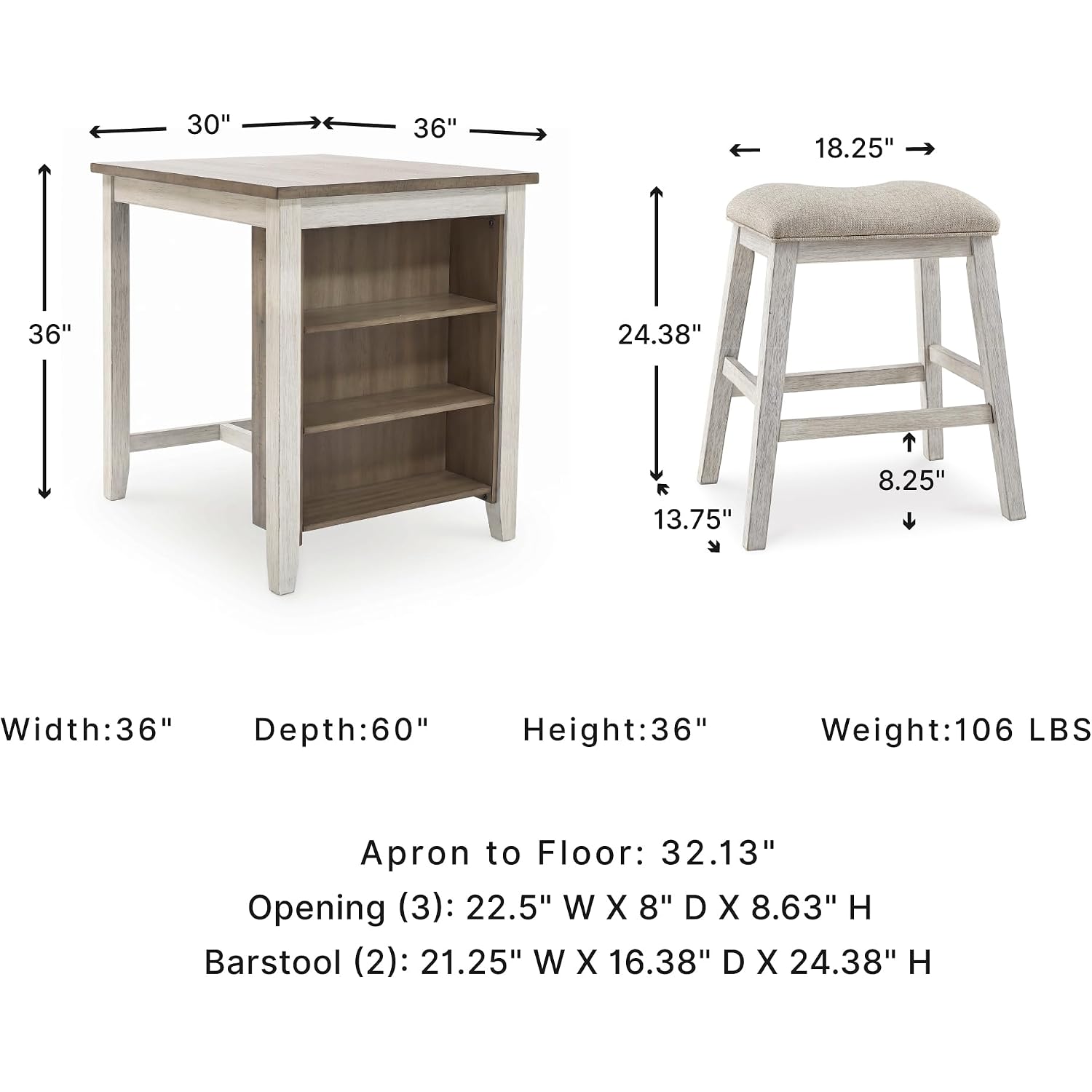 Signature Design By Ashley Skempton 3 Piece Counter Height Dining Table And Bar Stools Set, Built-In Storage, Wood, Acacia Veneer And Engineered Wood, Small Kitchen Table, White/Light Brown