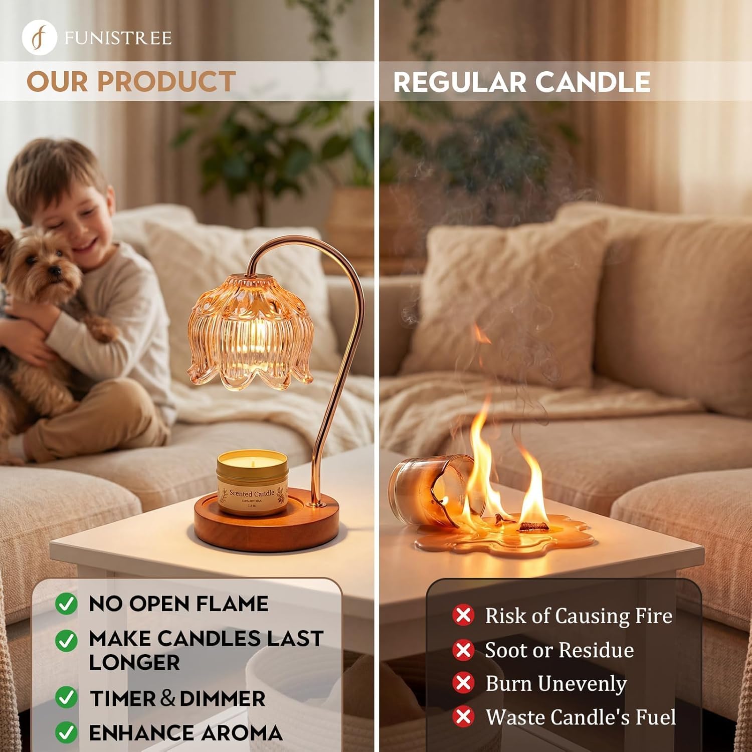 Funistree Candle Warmer Lamp Gift Set with 3 Jar Candles & Gift Box, Gifts for Women Mothers Day Birthday, Mom Sister Friend Gift, Lavender, Vanilla, Ebony, 2 Bulbs