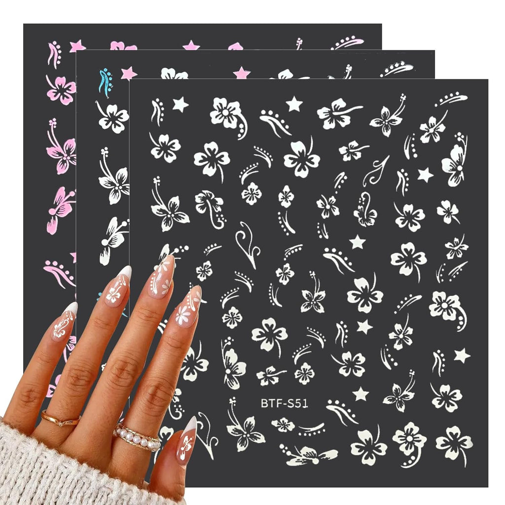 MUIIGOOD Flower Nail Stickers 10 Sheets Hibiscus Nail Decals White Pink Golden Clear Silver Decals Nail Art Decorations Nail Decals Nail Art Supplies Nail Designs for Women Manicure Tips