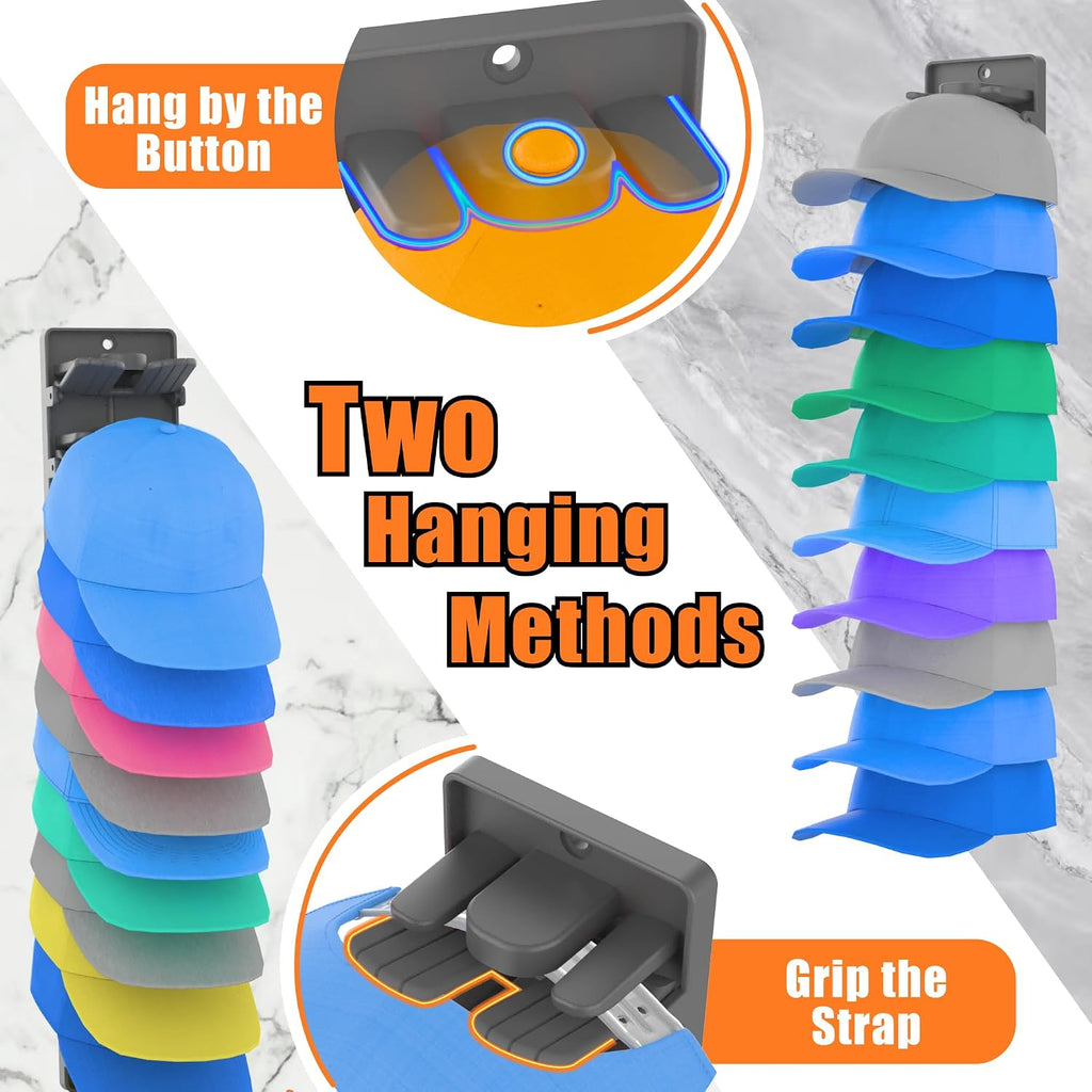 Hat Organizer For Baseball Caps 2 Packs With Built-In Spring Clips - Wall Mount Closet Hat Rack Holder,Storage For Door/Closet Display Hat Racks Hanger (Strong Adhesive & Screws) Matte Black.