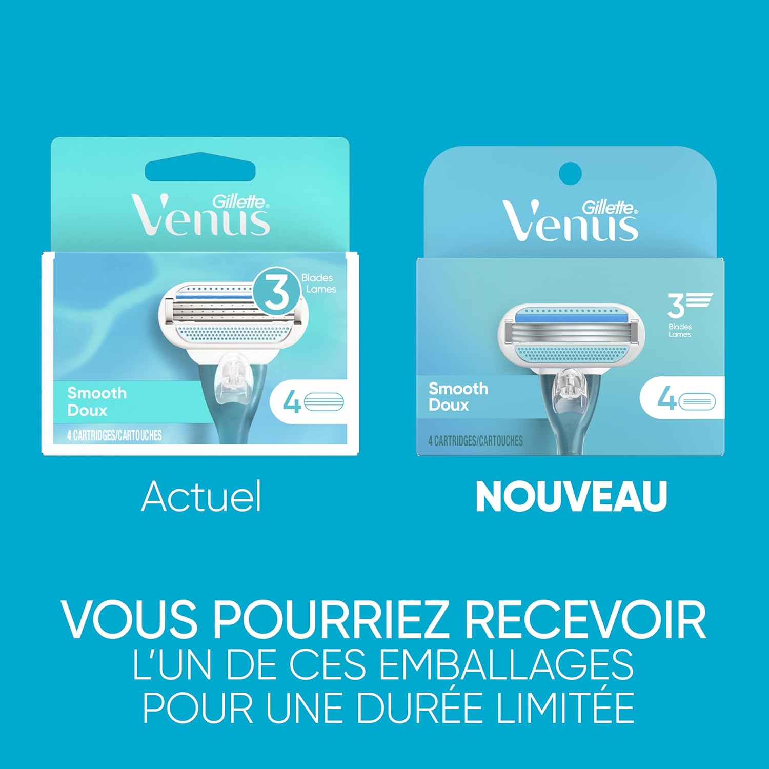Gillette Venus Women's Original 3 Blade Razor Refills, 4 Count (Packaging May Vary)