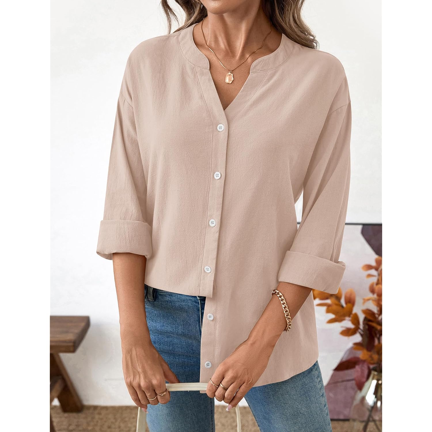 Lomon Womens Button Down Shirts Long Sleeve Cotton Button Up Shirt Linen V Neck Casual Loose Tops Blouses