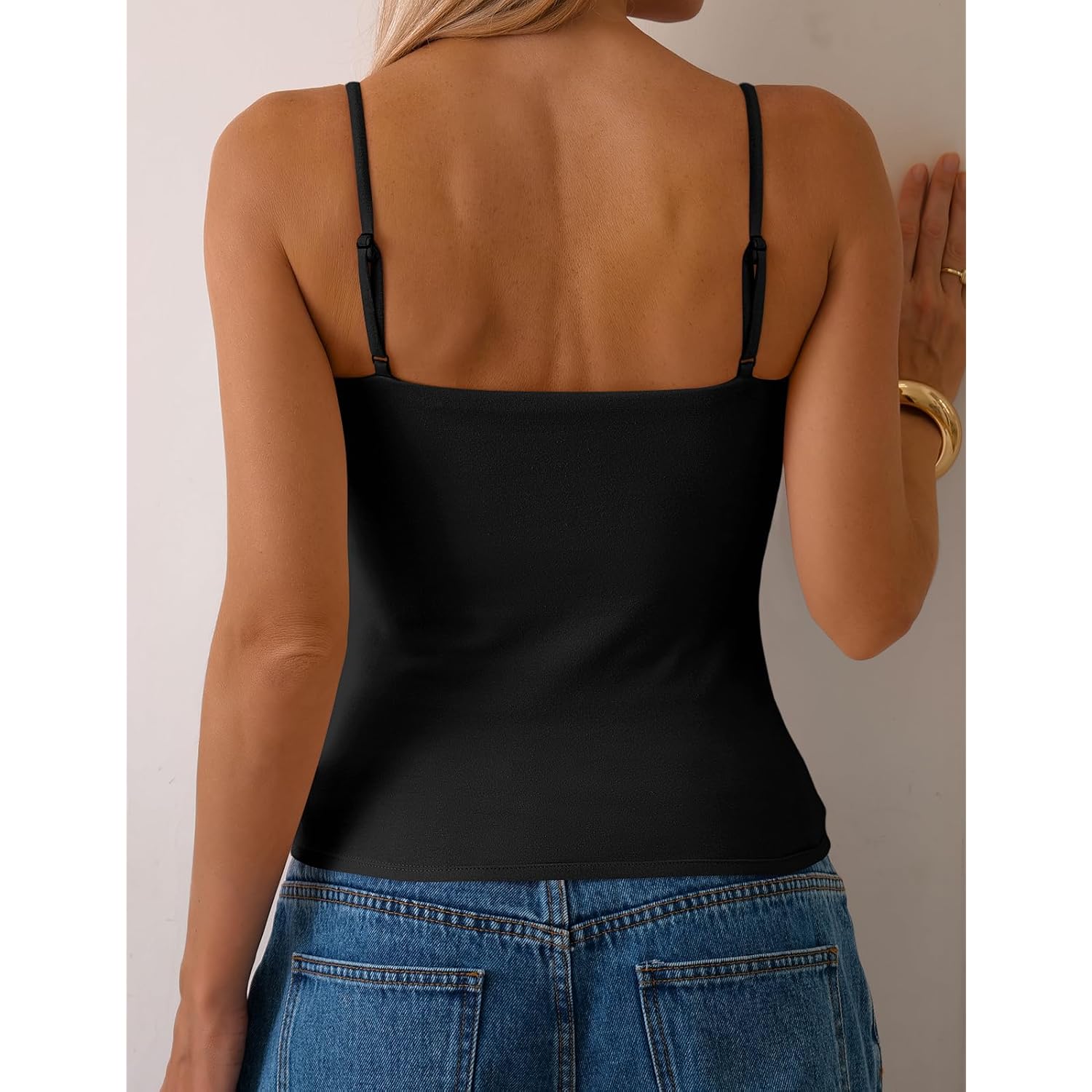 Women Cotton Cami Tops Built-in Shelf Bra Unpadded Square Neck Crop Tank Top Fitted Basic Camisole Going Out Tees