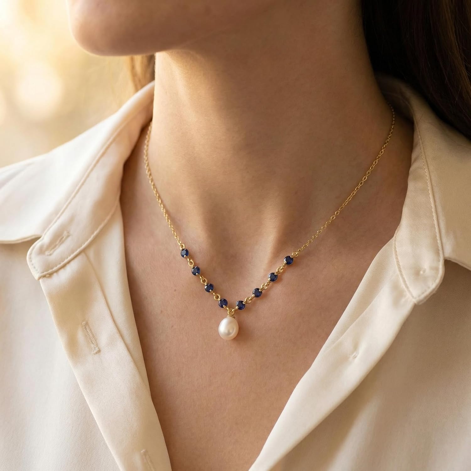 Galaxy Gold 14K Solid Gold 5 Carat Natural Blue Sapphire & Pearl Pear Drop Pendant Necklace for Women - Yellow Gold Fine Jewelry