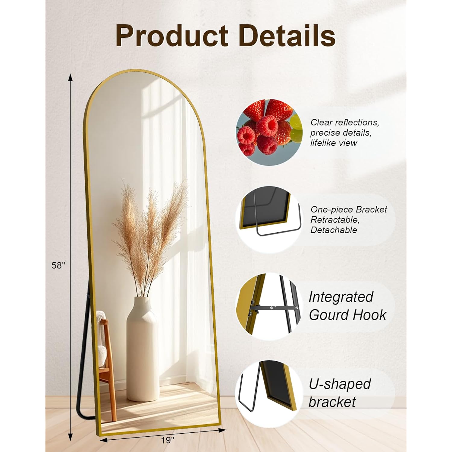 59"X16" Floor Mirror Full Length, Arched Full Length Mirror With Stand, Full Body Mirrors For Bedroom Living Room Or Cloakroom Gold