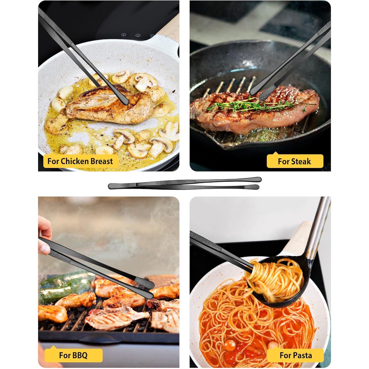 4 Pcs Fine Long Tweezer Tongs Professional Black, 12'' And 10'' Stainless Steel For Kitchen, Food, Cooking, Repairing, Sea Food And Bbq