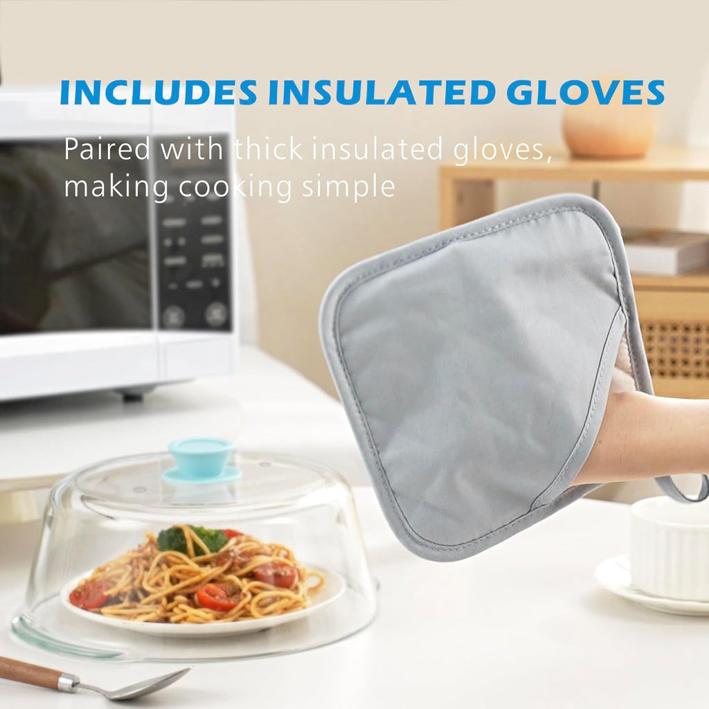 Tall Glass Microwave Splatter Cover for Food with Vent Hole 100% Food Safe 10in Plate Splatter Guard Lid with Silicone Knob BPA Free Cookware Serving Dish Cover Dishwasher Safe