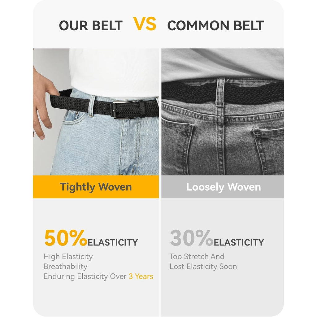 Chaoren Stretch Belt Men 2 Pack - 1 3/8" Braided Golf Belts For Men - Casual Elastic For Pants And Jeans