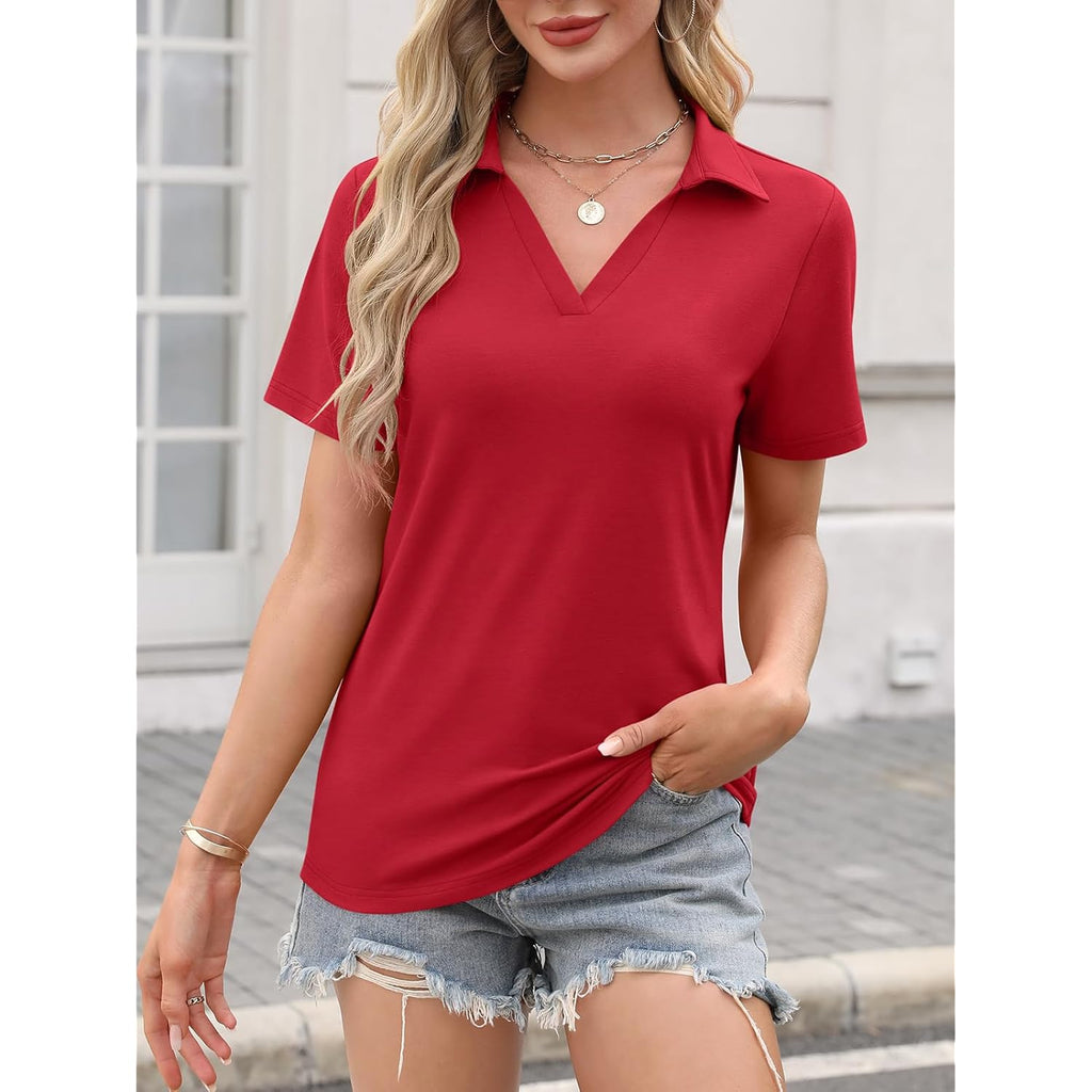Women's Polo Shirts Short Sleeve V Neck Summer Tops Business Casual Collared Shirts Loose Tees