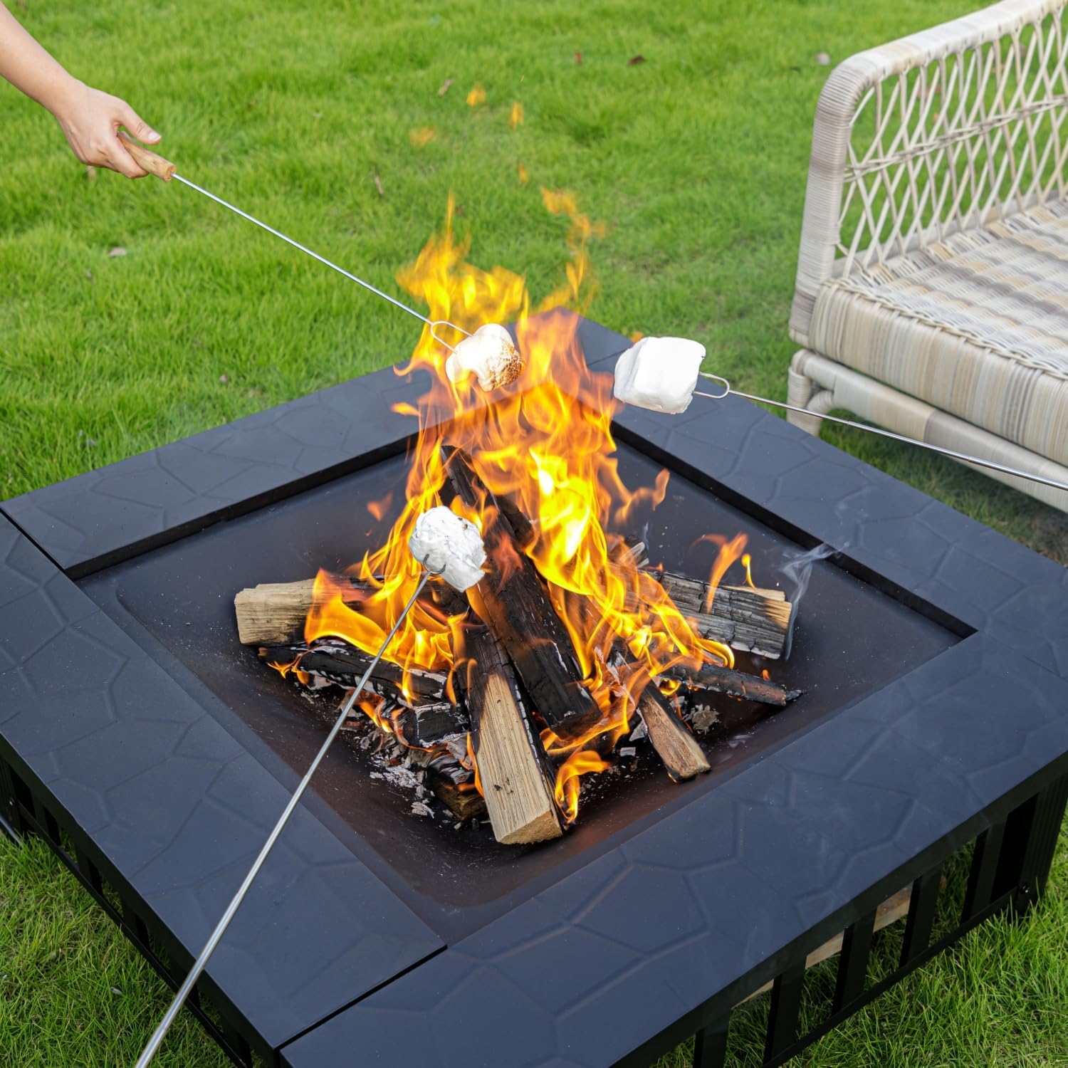 Econook 32 Inch Fire Pit, Square Outdoor Fire Pit Table With Spark Screen & Fire Poker, 3-In-1 Multipurpose Firepits For Outside, Fireplace For Yard, Garden, Patio