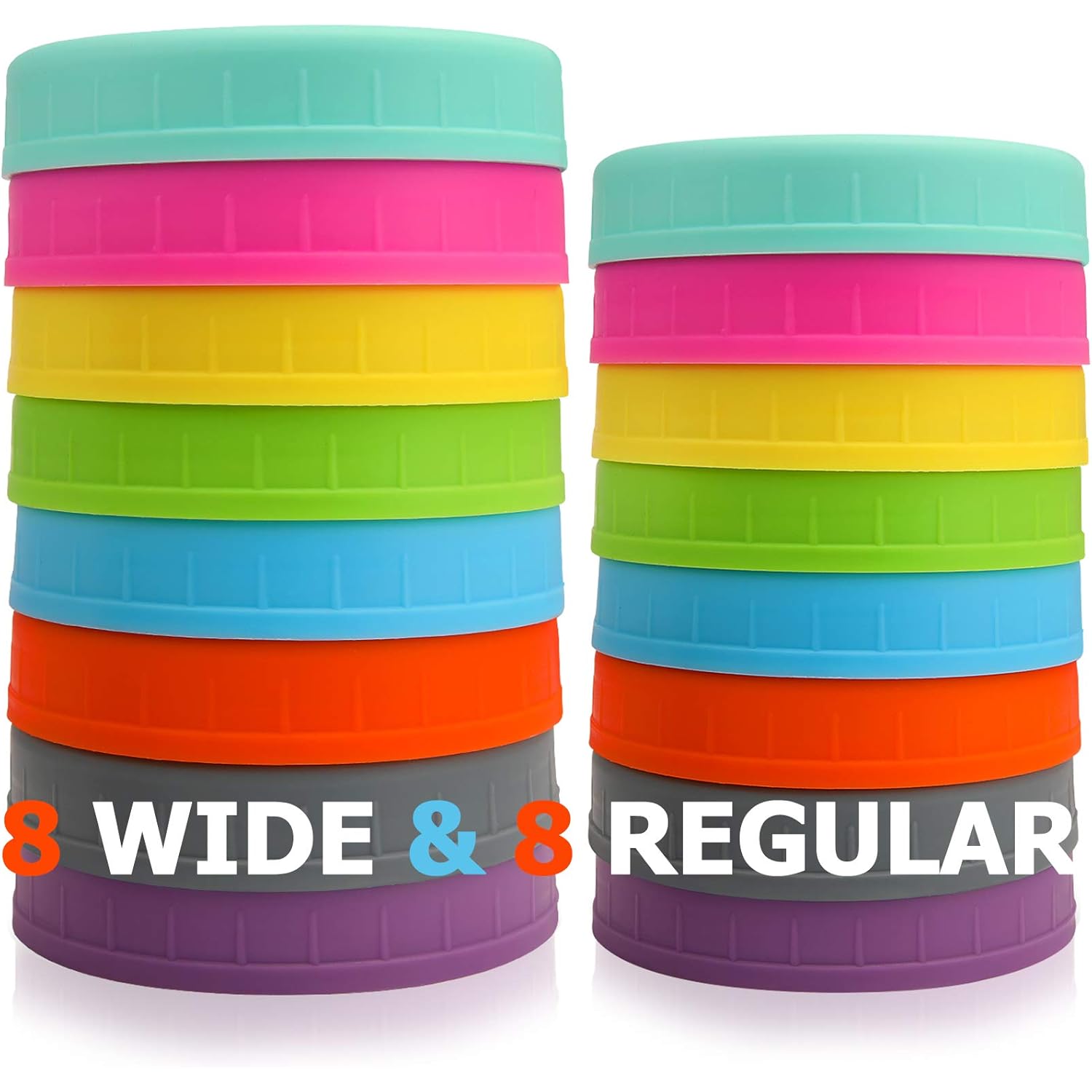 AOZITA [16 Pack] Colored Plastic Mason Jar Lids Fits Ball, Kerr & More - 8 Wide Mouth & 8 Regular Mouth - Storage Caps for Canning Jars, Dishwasher Safe & Food Grade & Leakproof