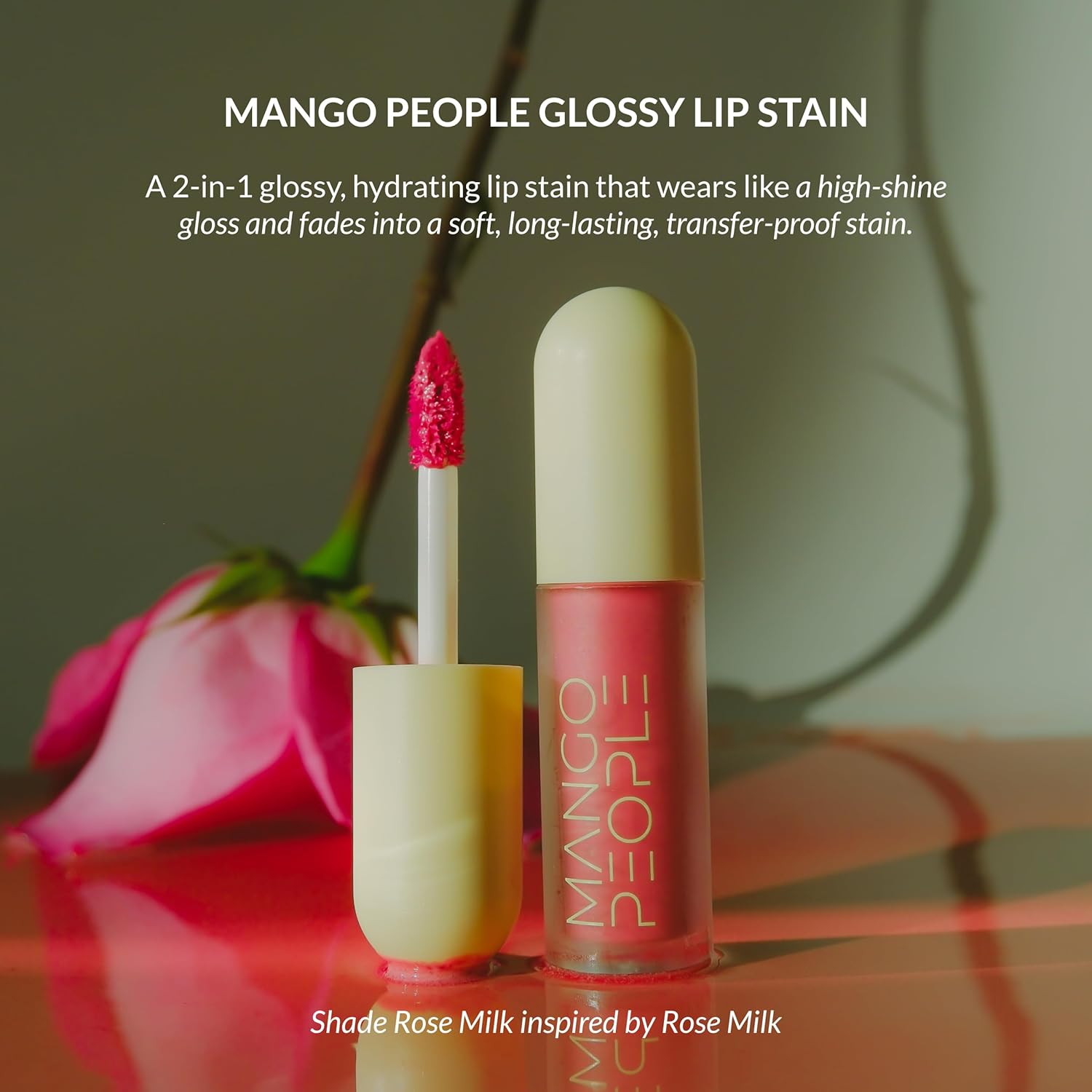 Mango People Hydrating Glossy Fruit Lip Stain, 2-in-1 Gloss to Long Lasting Stain, Tint & Oil Stain, Lightweight Lip Makeup with High-Shine Finish for Soft, Smooth and Nourished Lips, Rose Milk