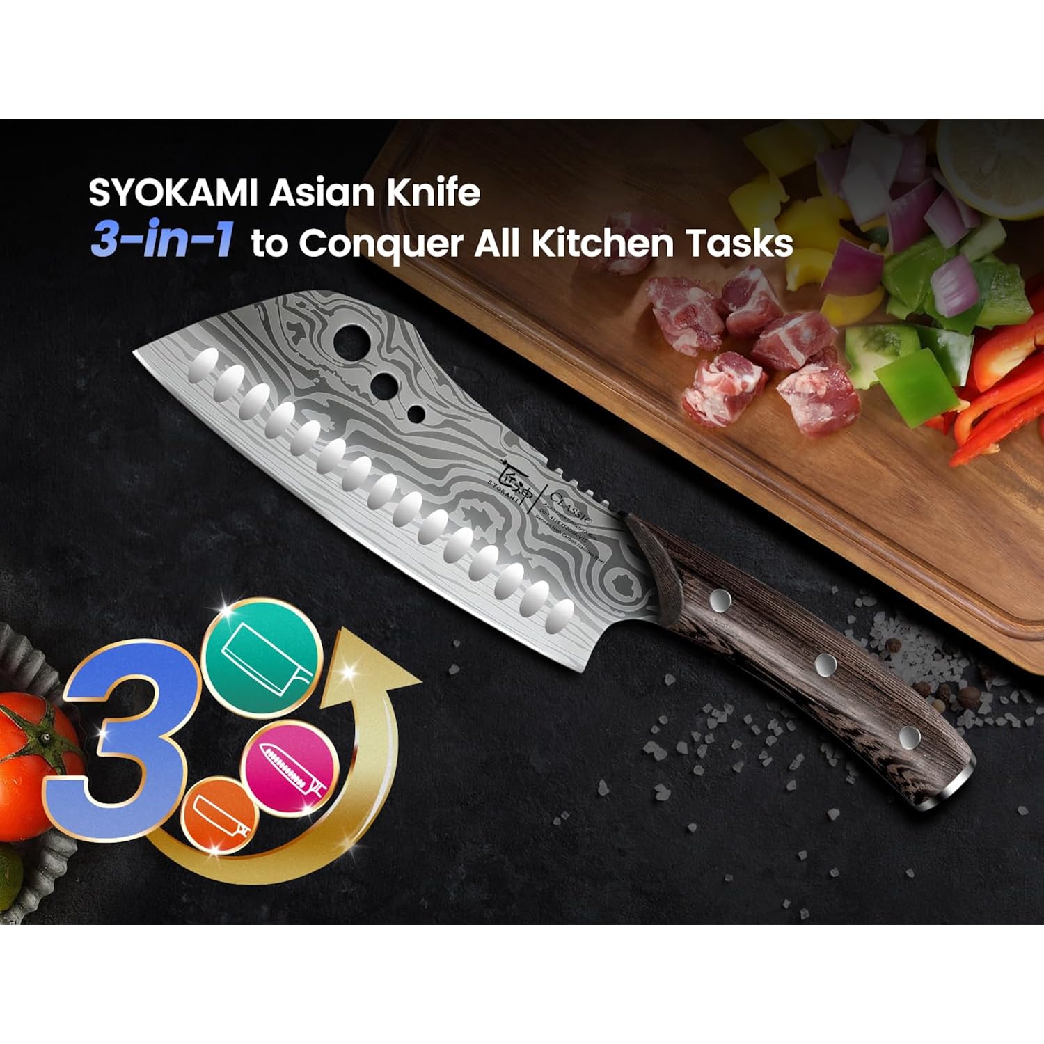 Cleaver Chef Knife With Herb Stripper, 7" Asian Kitchen Knife 3-In-1 Combined With Chef'S Knife, Santoku, Nakiri For Slicing, Chopping, Dicing, Mincing, Housewarming Birthday Cooking Gifts