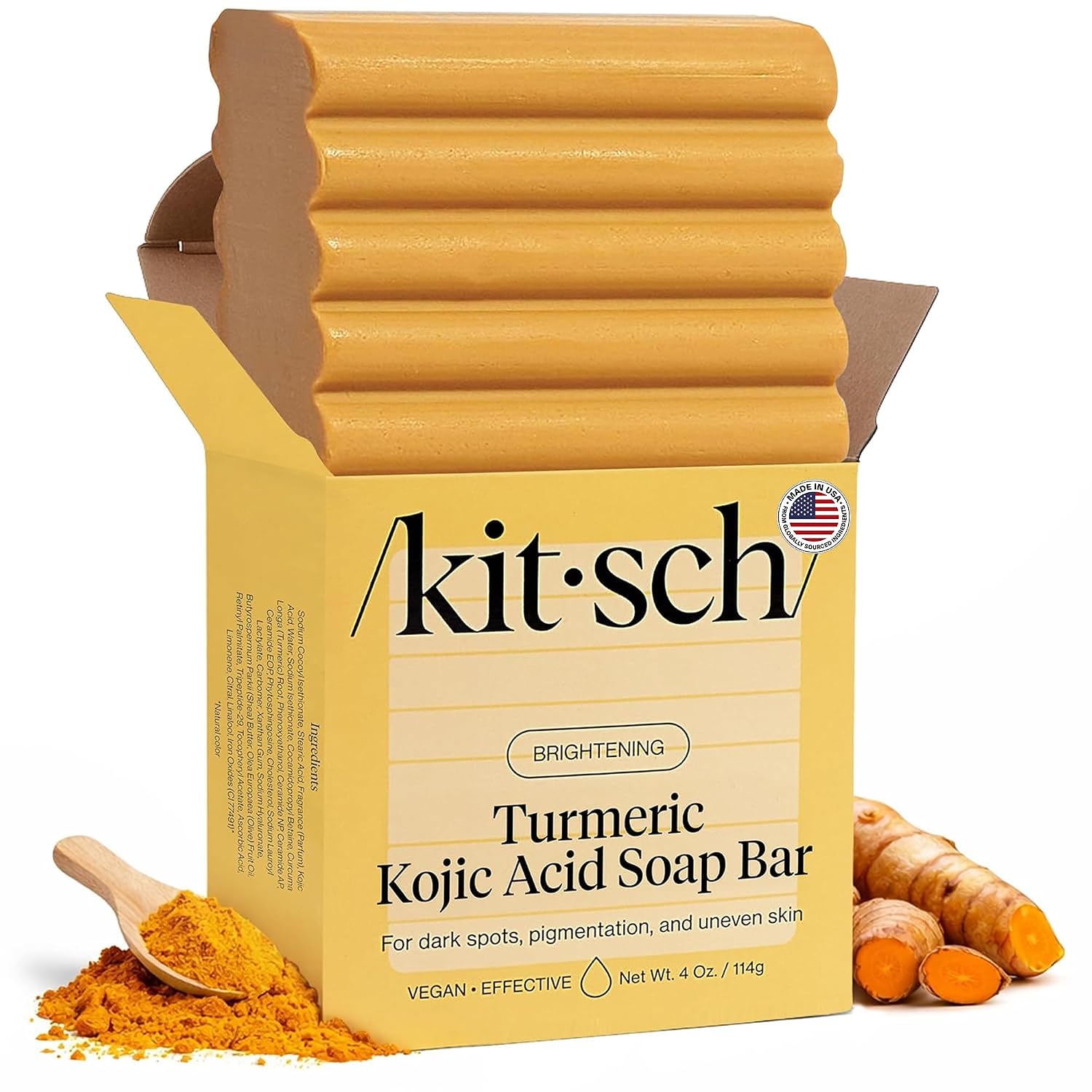 Kitsch Kojic Acid Soap – Turmeric Soap Bar With Hyaluronic Acid & Shea Butter – Brightening & Hydrating Body Wash & Face Wash For Dark Spots, Even Skin Tone & Natural Glow - Made In Usa - 4 Oz