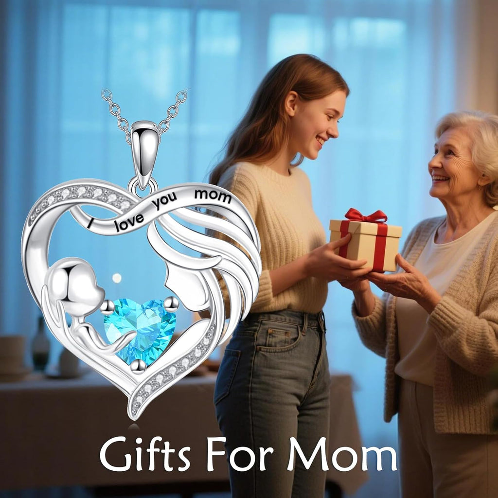 Mothers Day Gifts for Mom Mother and Daughter/Son Necklace Love Heart Jewelry 18K White Gold I Love You Mom Birthstone Necklace Birthday Gift for Women
