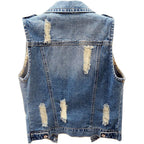 Womens Denim Jean Vest Classic Junior Button Up Cropped Distressed Sleeveless Jean Jacket