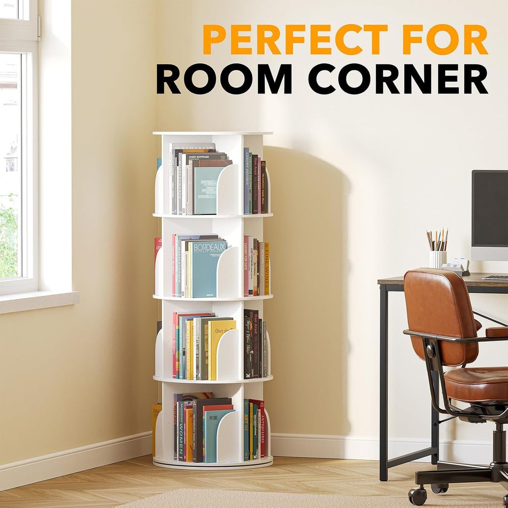 Spaceaid 4 Tier Rotating Bookshelf Tower, Spinning Bookcase Lazy Susan, Revolving 360 Book Shelf Storage Round Carousel, Vertical Rotate Turning Spiral Corner Organizer, White