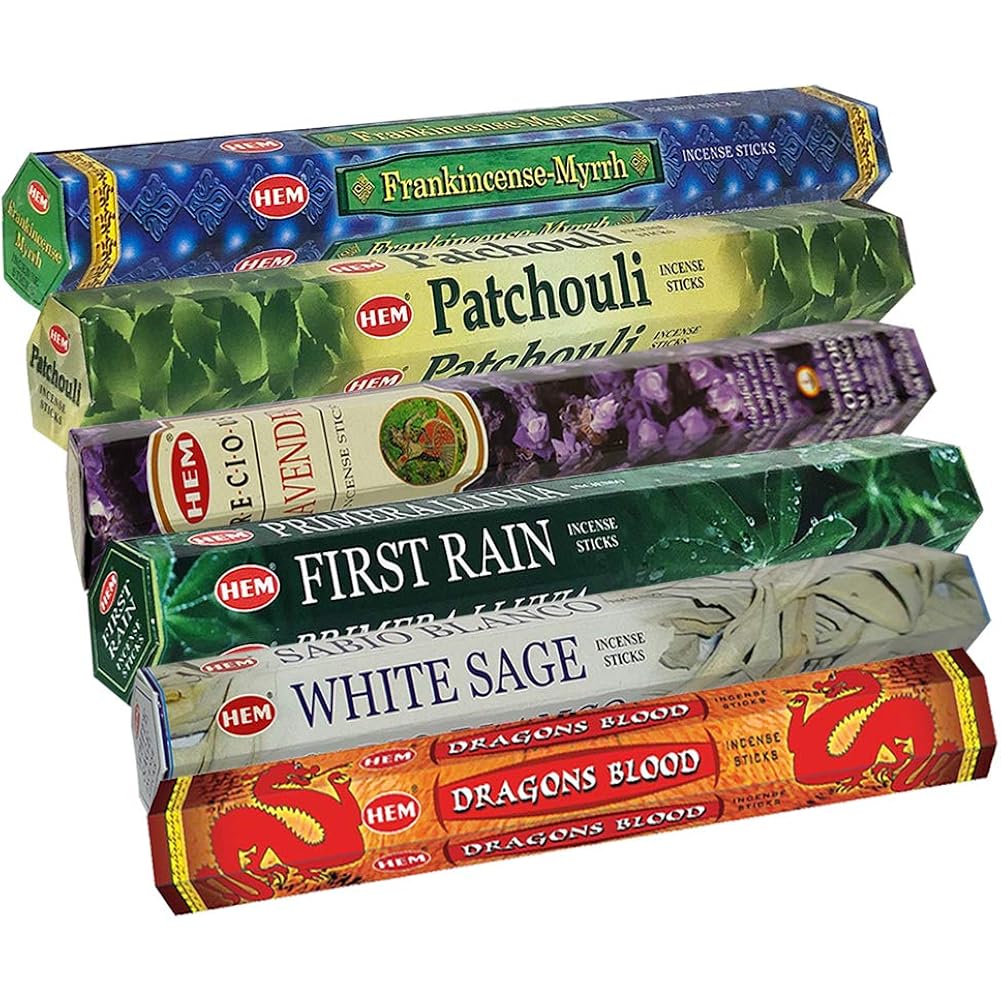 Hem Incense Sticks Variety Pack #23-120 Insence-Sticks (6 Incents X 20 Insense) + Incense Stick Holder With 6 Most Liked Scents Including Patchouli Dragons Blood White Sage Frankincense-Myrrh