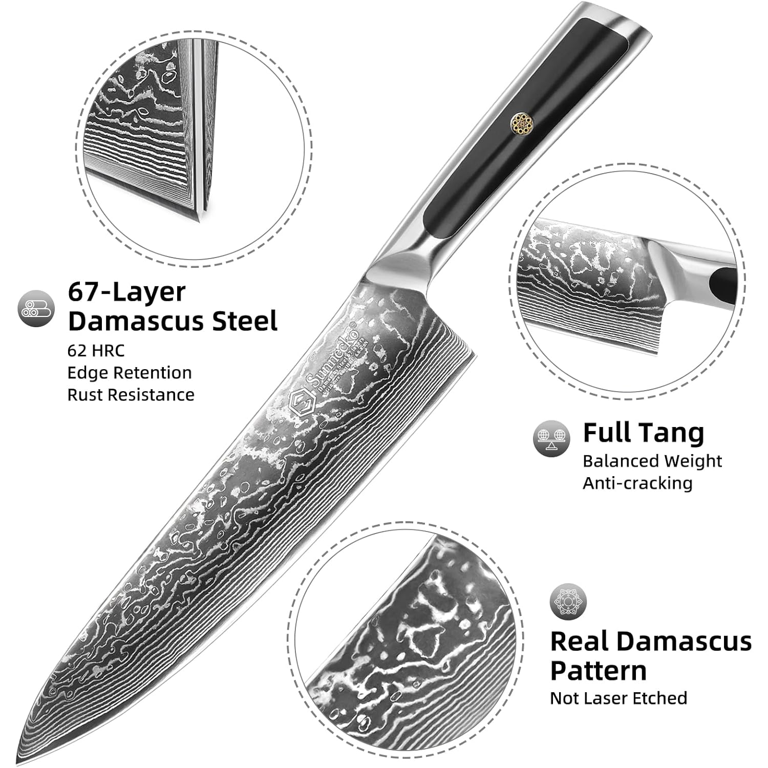 Sunnecko 8 Inch Japanese Damascus Chef Knife - Ultra Sharp 10-12 Degree Edge VG10 67 Layers Kitchen Cooking Knives for Meat, Vegetable & Fruit, Full Tang Forged Blade, Premium Father Day Gift Box