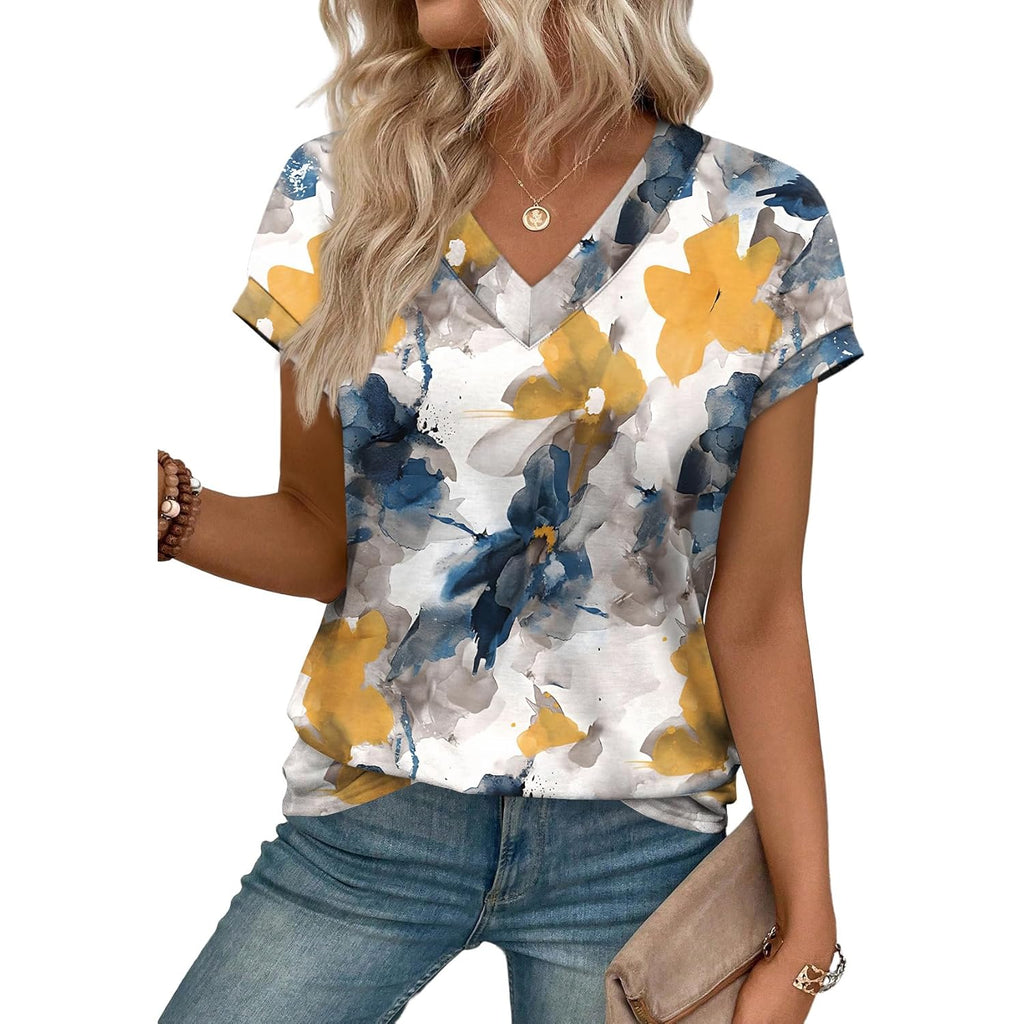Womens T Shirts V Neck Cap Sleeve Summer Tops Basic Women Blouses Beach Vacation Spring Clothes