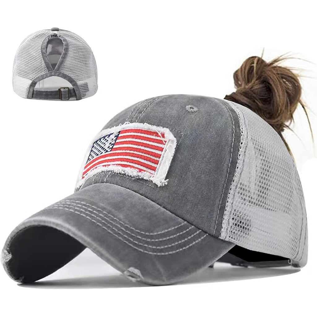 Woman Man Ponytail Baseball Cap - US Flag Breathable Mesh Outdoor Golf Sun Hat for Summer Gray