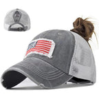 Woman Man Ponytail Baseball Cap - US Flag Breathable Mesh Outdoor Golf Sun Hat for Summer Gray