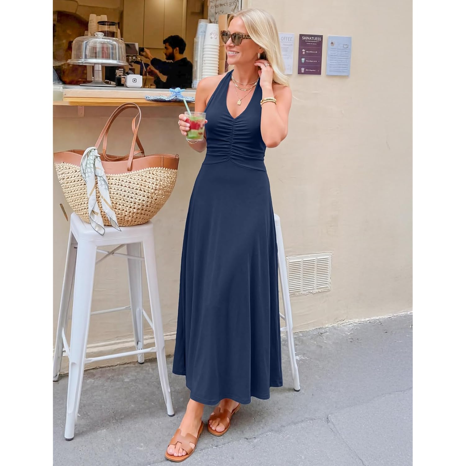 Merokeety Women'S Formal Halter Maxi Dress 2026 Summer Backless Sleeveless V Neck Ruched Cocktail Wedding Guest Dresses