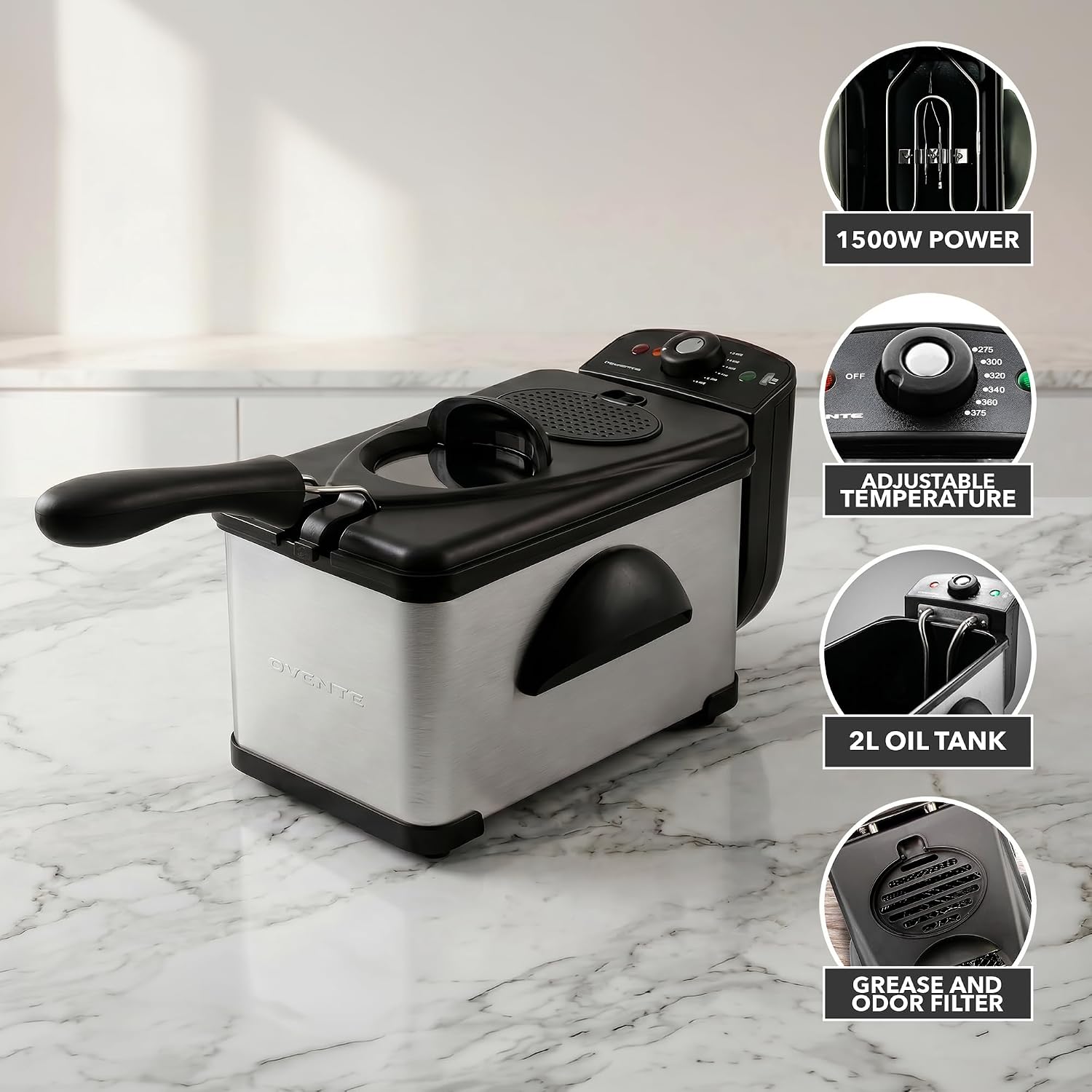 Ovente Electric Deep Fryer 2 Liter Capacity, 1500 Watt Lid With Viewing Window And Odor Filter, Adjustable Temperature, Removable Frying Basket And Easy To Clean Stainless Steel Body, Silver Fdm2201Br