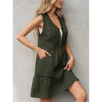 Fisoew Women'S Sleeveless Tank Half Zip V Neck Mesh Back Mini Dresses | Casual, Loose Fit, Utility, Summer, With Pockets