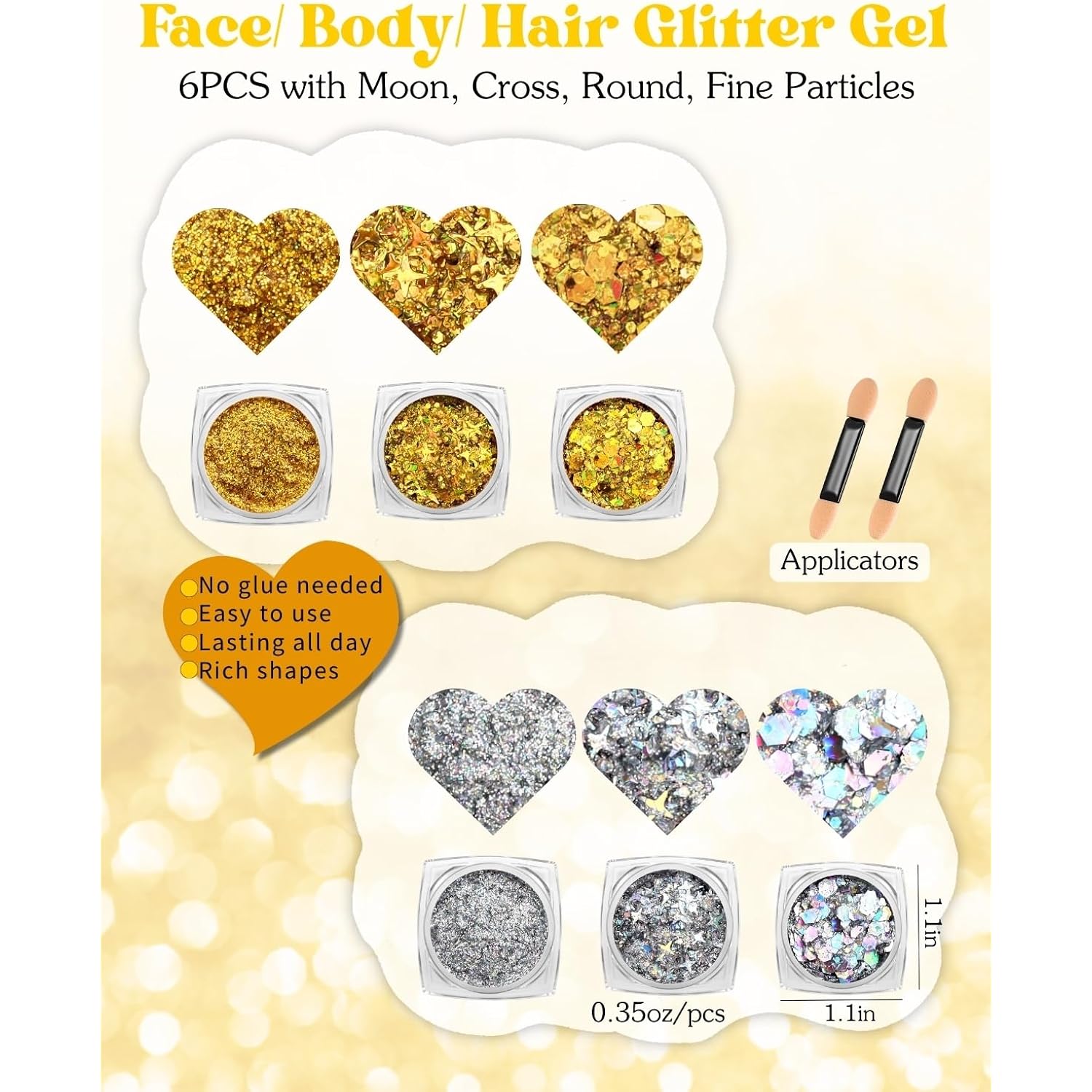 6+4 Gold Silver Face Gems Body Glitter Set: Sparkly Face Hair Glitter Gel & Self Adhesive Butterfly Heart Stars Stickers for Women Disco 50th Birthday Easter Party Makeup Accessories (Gold,Silver)