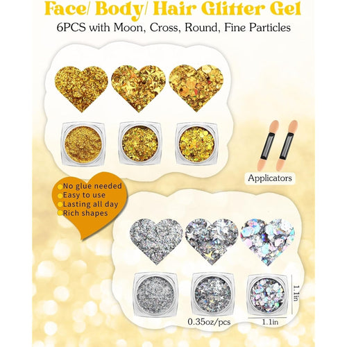 6+4 Gold Silver Face Gems Body Glitter Set: Sparkly Face Hair Glitter Gel & Self Adhesive Butterfly Heart Stars Stickers for Women Disco 50th Birthday Easter Party Makeup Accessories (Gold,Silver)